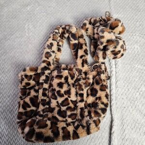Leopard Print Faux Fur Mini Bag Y2K Shoulder Handbag Scrunchie Strap w Keychain
